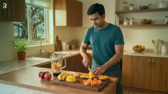 Indian man chopping fresh mango, papaya and bananas in his kitchen for a healthy breakfast