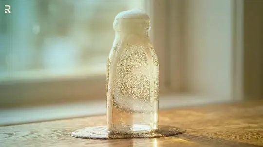 A glass bottle foaming over onto a wooden table by a sunlit window, a visual metaphor for premature ejaculation