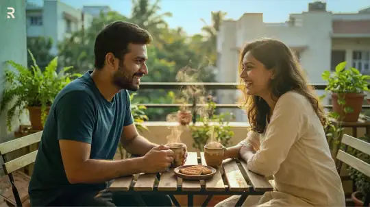 Indian couple laughing together over chai on a balcony, relaxed enough to talk openly about premature ejaculation